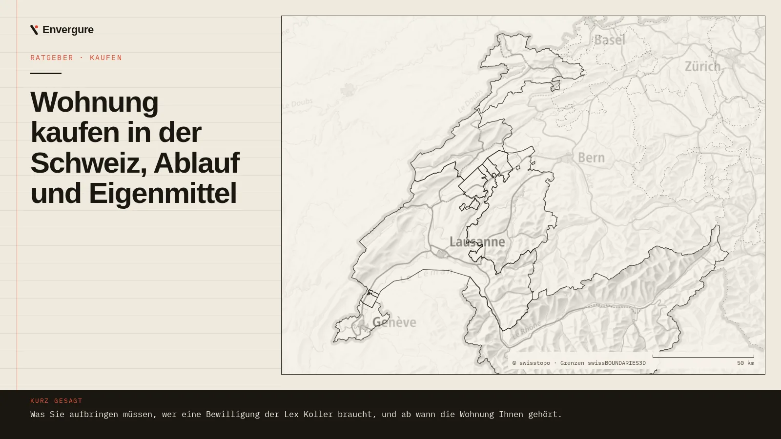 Titelbild des Ratgebers «Wohnung kaufen in der Schweiz, Ablauf und Eigenmittel», Karte der Westschweiz. Hintergrund © swisstopo.