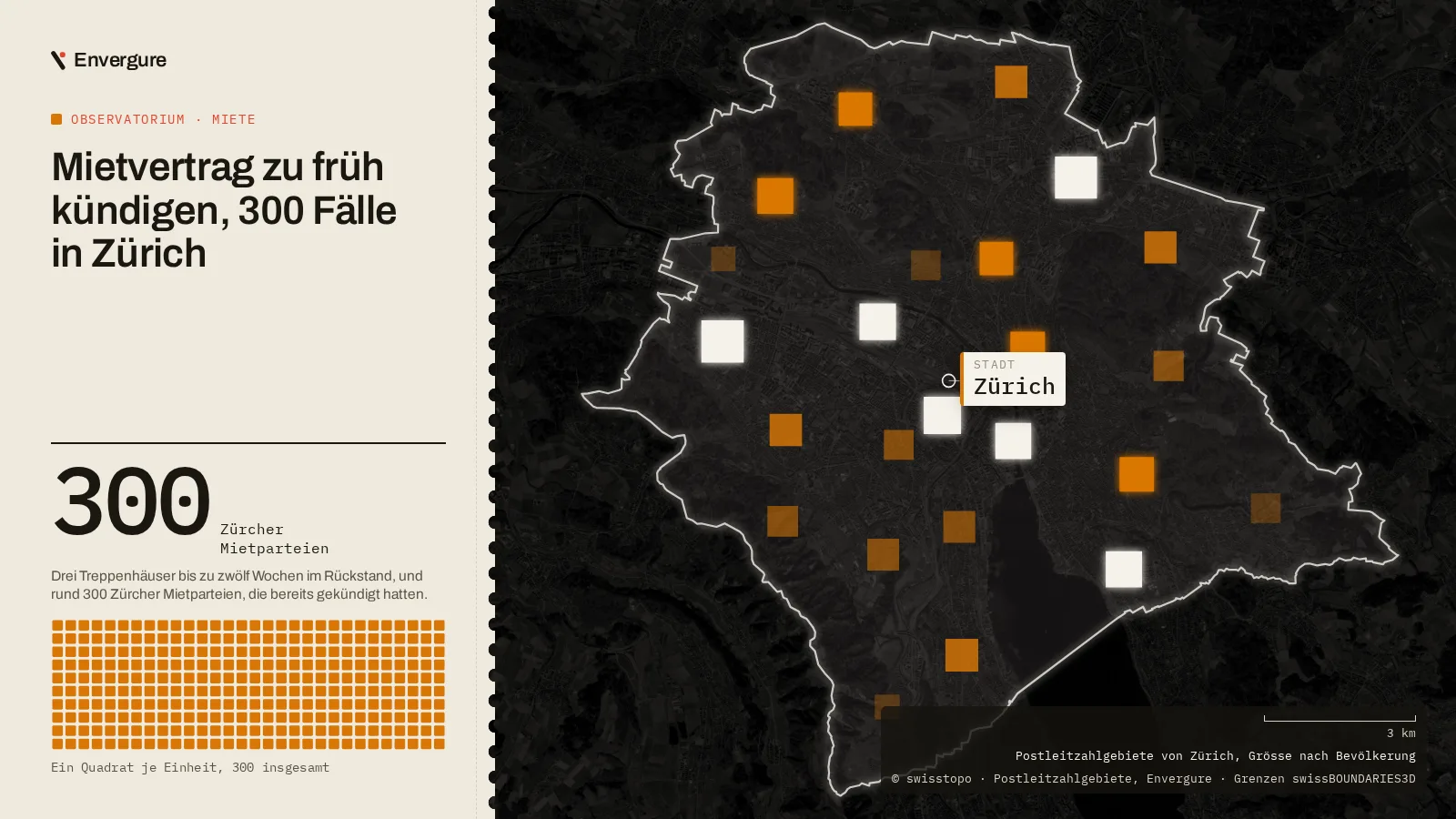 Titelbild des Artikels «Mietvertrag zu früh kündigen, 300 Fälle in Zürich», nächtliche Karte von Zürich, jedes helle Quadrat ein Postleitzahlgebiet, umso grösser, je mehr Menschen dort wohnen. Hintergrund © swisstopo.